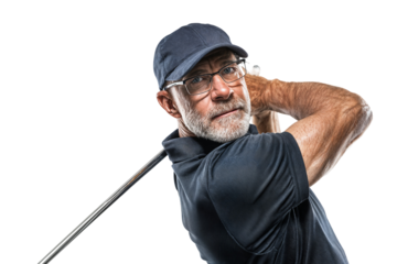 Senior male golfer with beard and glasses swinging golf club isolated on transparent background