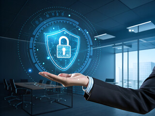 Close-up of hand in business suit holding glowing holographic padlock with digital circuits, shield overlays, and transparent HUD interface – cybersecurity technology in dark futuristic office space

