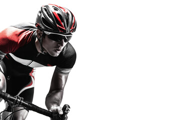 Focused male cyclist in aerodynamic position wearing helmet and sunglasses isolated on transparent background