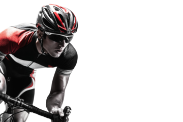 Focused male cyclist in aerodynamic position wearing helmet and sunglasses isolated on transparent background