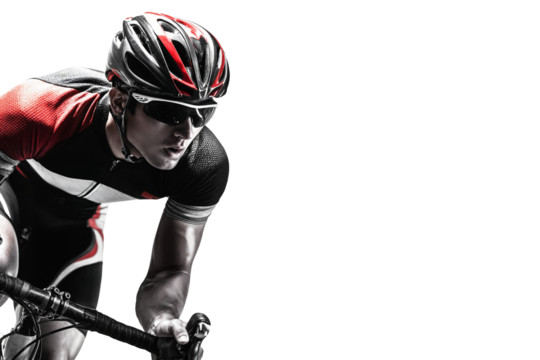 Focused male cyclist in aerodynamic position wearing helmet and sunglasses isolated on transparent background