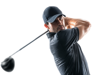 Focused male golfer in outfit swinging golf club isolated on transparent background