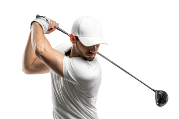 Focused male golfer in outfit swinging golf club isolated on transparent background