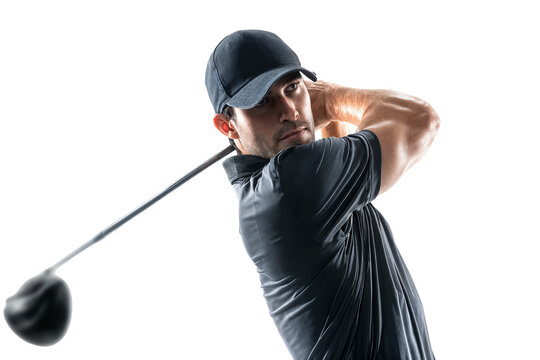 Focused male golfer in outfit swinging golf club isolated on transparent background