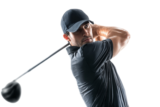 Focused male golfer in outfit swinging golf club isolated on transparent background