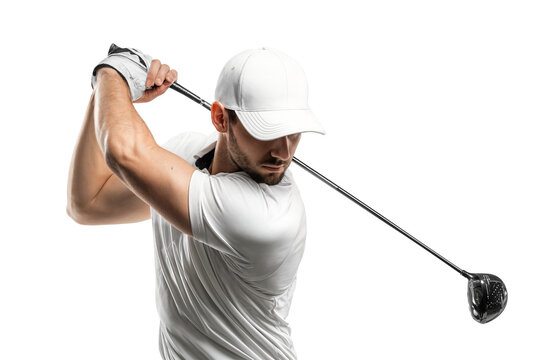 Focused male golfer in outfit swinging golf club isolated on transparent background