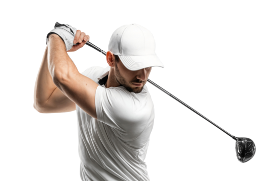 Focused male golfer in outfit swinging golf club isolated on transparent background