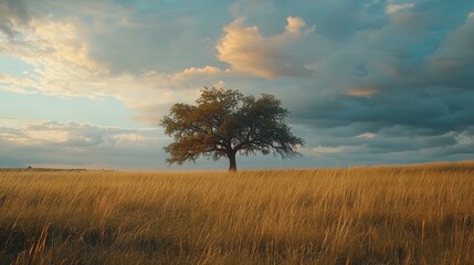 Fototapeta premium Lone tree standing in a golden field against a backdrop of vibrant clouds at sunset in a rural landscape