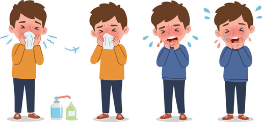 Fototapeta premium Create a Kid Character Sneezing and Coughing. Boy Have Respiratory Disease with Runny Nose Symptoms. Flu Virus and Infection. Hygiene and Treatment Concept. vector art with white background.