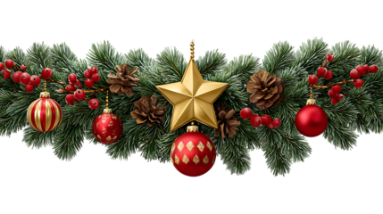 Festive christmas garland with gold star and red ornaments isolated on transparent background