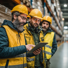 Fototapeta premium Three men in yellow safety vests are looking at a tablet. One of them is pointing at something on the screen