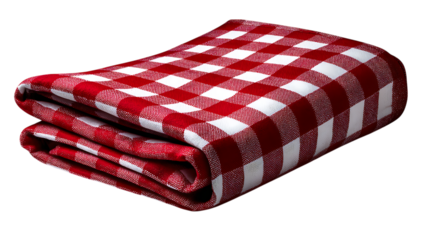 Folded red and white gingham picnic tablecloth isolated on transparent background