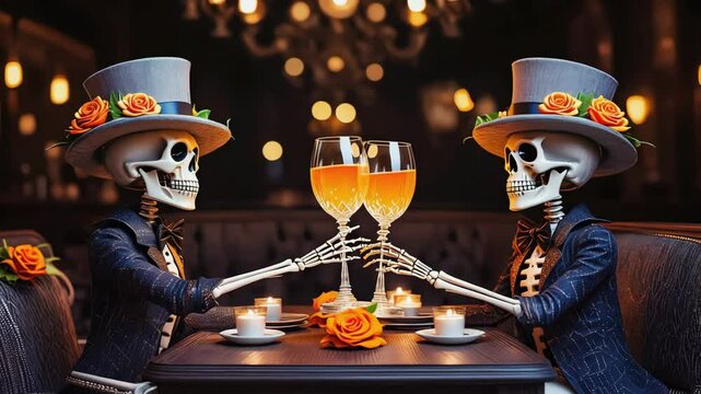 Skeletons couple drinking orange cocktails in bar. Halloween concept 