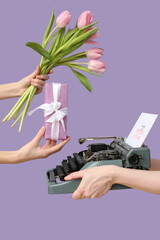 Female hands with retro typewriter, greeting card, gift, and tulip flowers for International...