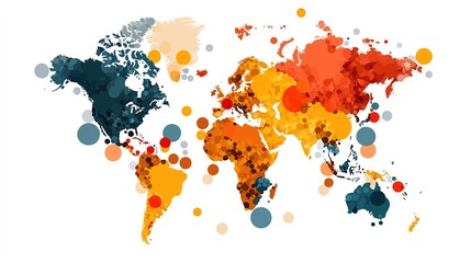 Fototapeta premium A colorful, abstract world map made of overlapping circles in various sizes and shades, representing global distribution or data visualization.