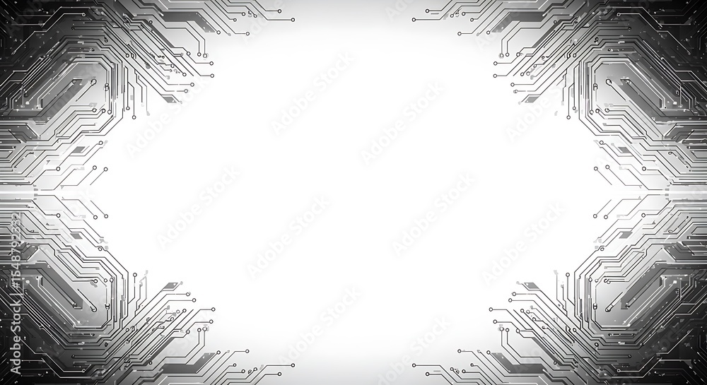 Fototapete abstract grayscale circuit board frame, leaving central space blank for text or image.