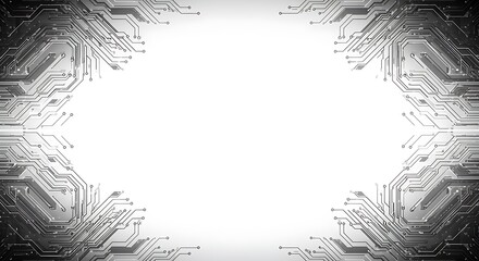 Obraz premium Abstract grayscale circuit board frame, leaving central space blank for text or image.
