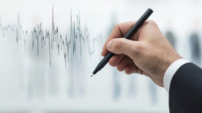 A hand in a suit draws a fluctuating line graph with a pen on a transparent screen, symbolizing data analysis or business growth.