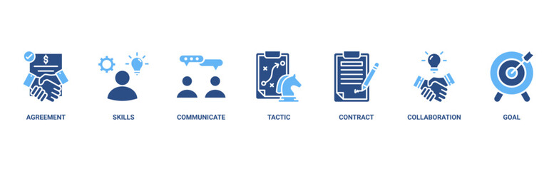 Negotiation banner web icon vector illustration concept for business deal agreement and collaboration with icon of skills, communicate, tactic, contract, and goal