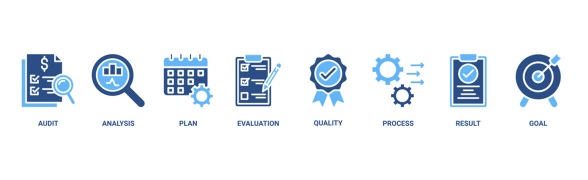 Assessment banner web icon vector illustration for accreditation and evaluation method on business and education with audit, analysis, plan, evaluation, quality,process,results and goal icon