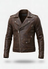 Distressed Brown Leather Biker Jacket: Classic Style, Detailed Texture, Isolated on White