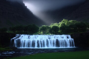 Fototapeta premium Waterfall in a valley at dawn