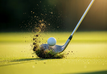 Close up of a golf club striking a golf ball sending up a burst of dirt and grass