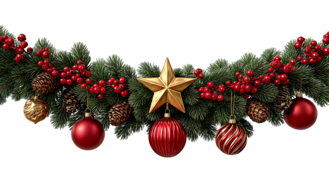 Christmas garland with red ornaments gold star pine cones isolated on transparent background