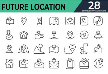 Future location vector Editable stroke line Minimalistic icon set of location and navigation icons. Map pointer or various location symbol icon collection  