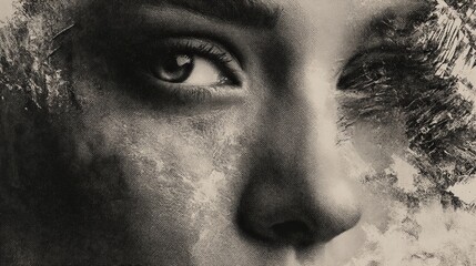 Black and white photo collage of a woman with light eyes, featuring a double exposure effect and splattered paint.