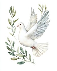 Fototapeta premium Watercolor Dove and Olive Branch. Symbol of Peace and Christianity in Adorable Watercolor Design