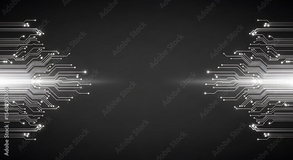 Poster abstract image of circuit board patterns with a bright light source in the center, against a dark ba