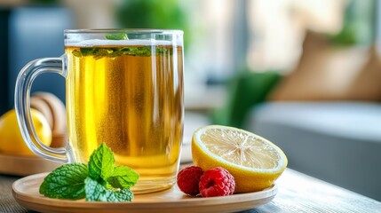 Refreshing Herbal Tea with Lemon and Raspberries