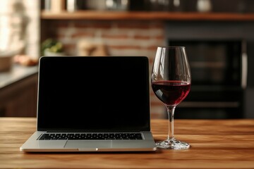 Wine Glass Computer. Red Wine Glass on Laptop Screen on Kitchen Table