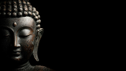 Antique bronze Buddha statue on black background