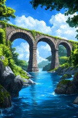 Stone Arch Bridge Over Tranquil Blue River in Lush Summer Landscape