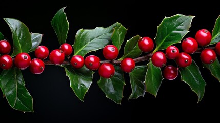 Vibrant Red Holly Berries And Green Leaves On Black Background