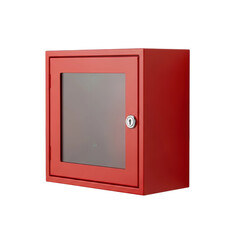 A bright red metal safety cabinet featuring a transparent glass door and a key lock, designed for storing emergency equipment or fire alarms in public spaces.