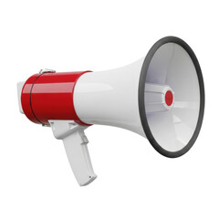Red and white megaphone used for amplifying voice. Great for announcements, protests, and sporting events.