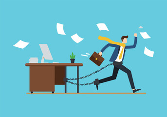 Breaking Free: Businessman Escaping from a Desk with Papers, Symbolizing Overcoming Work Stress and Constraints