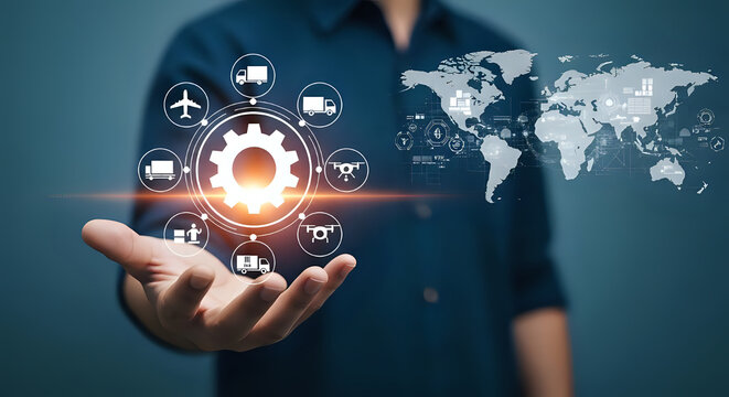 Global Logistics Network Optimization A Man's Hand Displays a Cogwheel Representing Efficient Supply Chain Management and Worldwide Delivery Solutions Using Advanced Technology