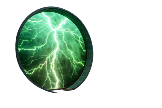 glowing-electric-green-lightning-round-frame isolated on white background png,ai generated