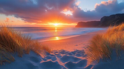 Dramatic sunset over a serene beach with golden grass dunes and calm ocean waves reflecting the vibrant sky
