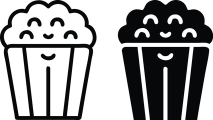 Minimalist Popcorn Bucket Icon – Black & White Line Art, Smiling Popcorn Vector Illustration © VEECT STORE