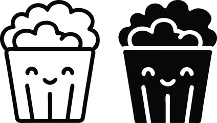 Minimalist Popcorn Bucket Icon – Black & White Line Art, Smiling Popcorn Vector Illustration