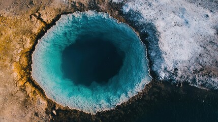 Aerial view of a vibrant blue hot spring surrounded by mineral deposits and rocky terrain.