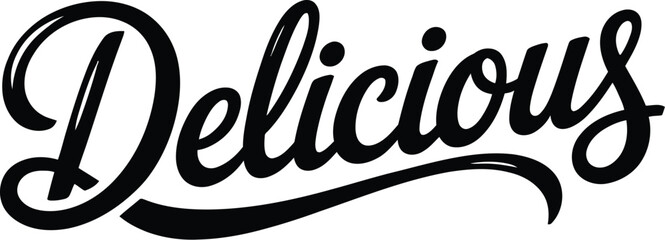 delicious, text design. Vector calligraphy. Typography poster.

