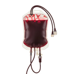 A clear plastic medical blood bag filled with dark red blood, featuring attached tubing for transfusions or donations.