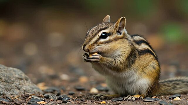 Eastern chipmunk enjoying a feast of seeds outdoors in a natural habitat setting