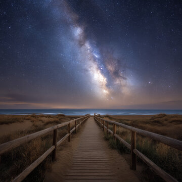 A starry Milky Way stretches over a wooden walkway at Riumar Beach in Spain.  